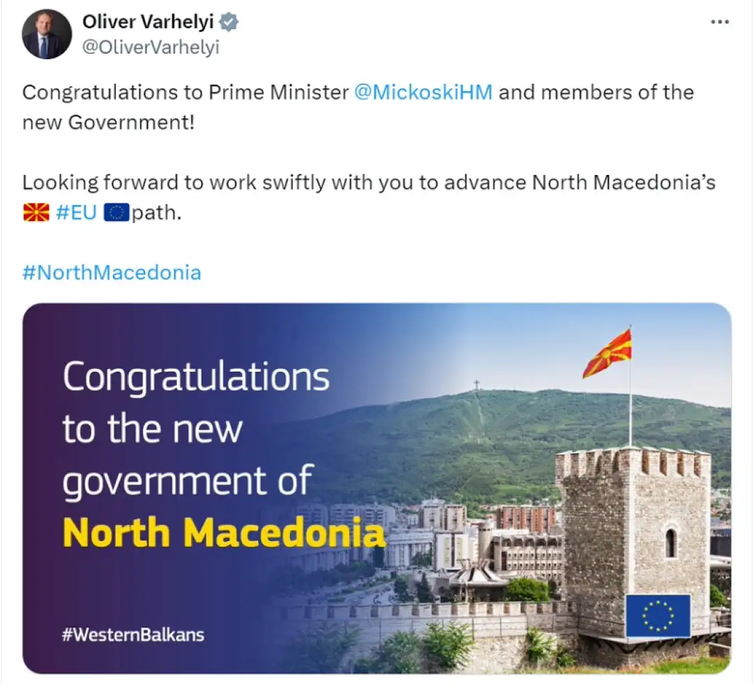 Честитки до премиерот Мицкоски и членови на новата Влада! Со нетрпение очекувам да работиме брзо со вас за да го унапредиме европскиот пат на Македонија, наведе Вархеји во честитка об