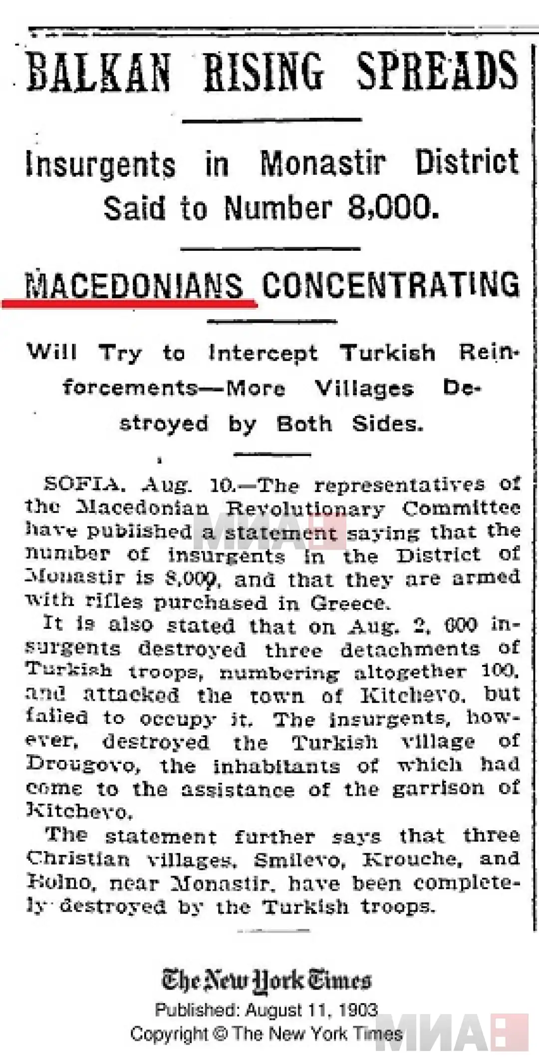 „Њујорк тајмс“, 11 август 1903