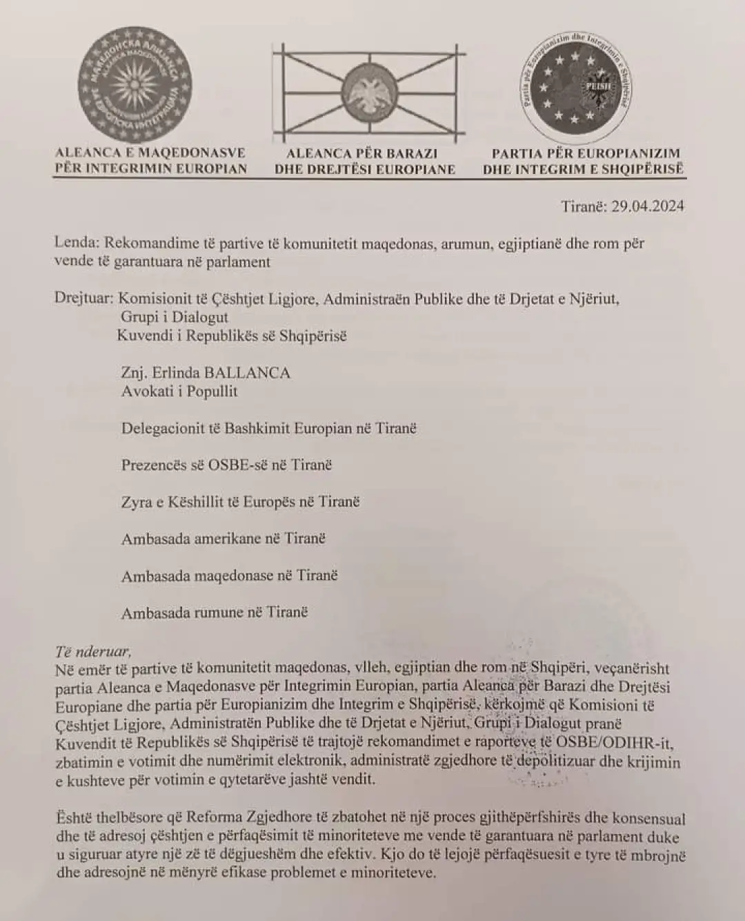 МАЕИ, Албанија, Парламент, барање