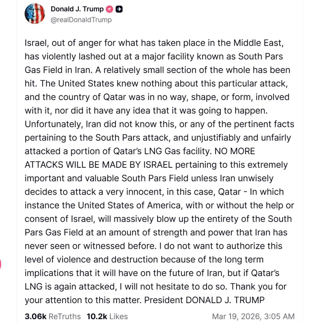 – Presidenti amerikan Donald Tramp, deklaroi se SHBA-ja mund ta shkatërrojë fushën iraniane të gazit Parsi Jugor nëse Irani përsëri i sulmon stacionet e Katarit për gaz të lëngshëm natyror (L