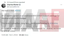 Сите 27 земји на Европската унија договорија 50 милијарди евра (54 милијарди долари) помош за Украина на самитот во Брисел, објави претседателот на Европскиот совет, Шарл Мишел на X.