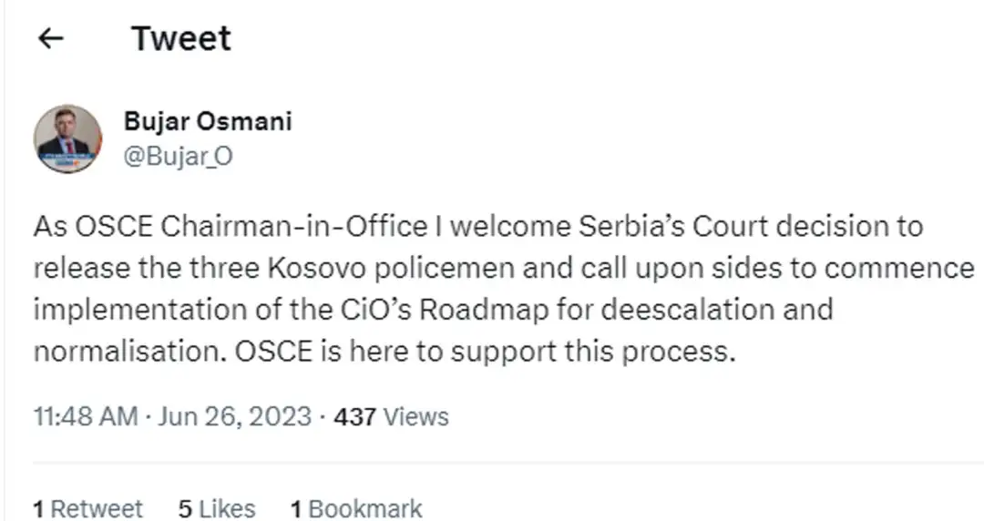 Претседавачот на ОБСЕ и министер за надворешни работи Бујар Османи ја поздрави одлуката на судот во Србија за ослободување на тројцата косовски полицајци и упати повик за спроведување на Пато