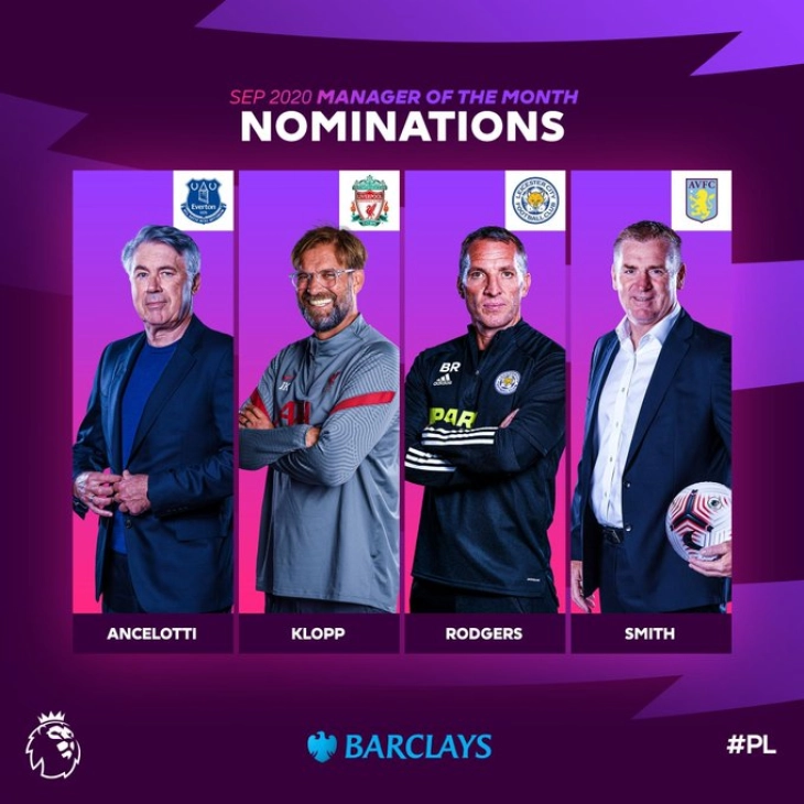 Анчелоти, Клоп, Роџерс и Смит номинирани за најдобар менаџер во Премиер лигата во септември