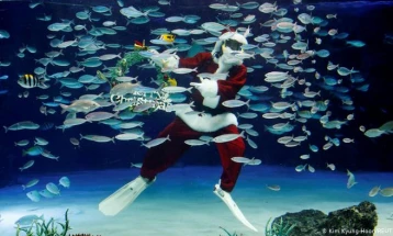 Дедо Мраз ги храни рибите во аквариум во Тајланд