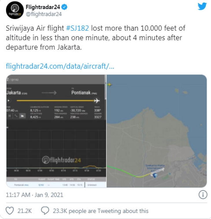  Авионот на Сривиџаја ер се урнал во заливот кај Џакарта, потврди индонезискиот министер за транспорт