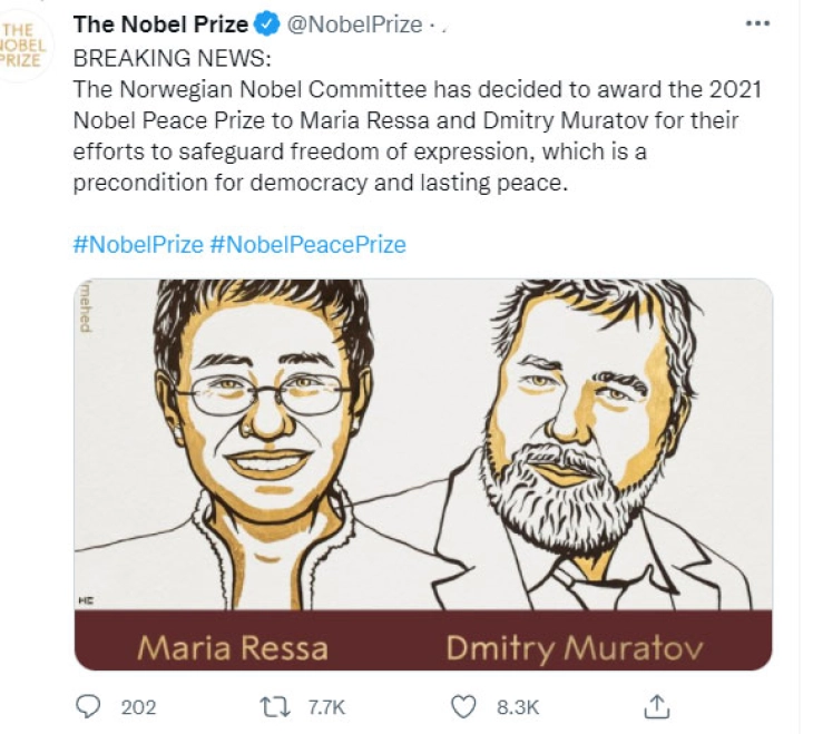 Двајца новинари добитници на Нобеловата награда за мир