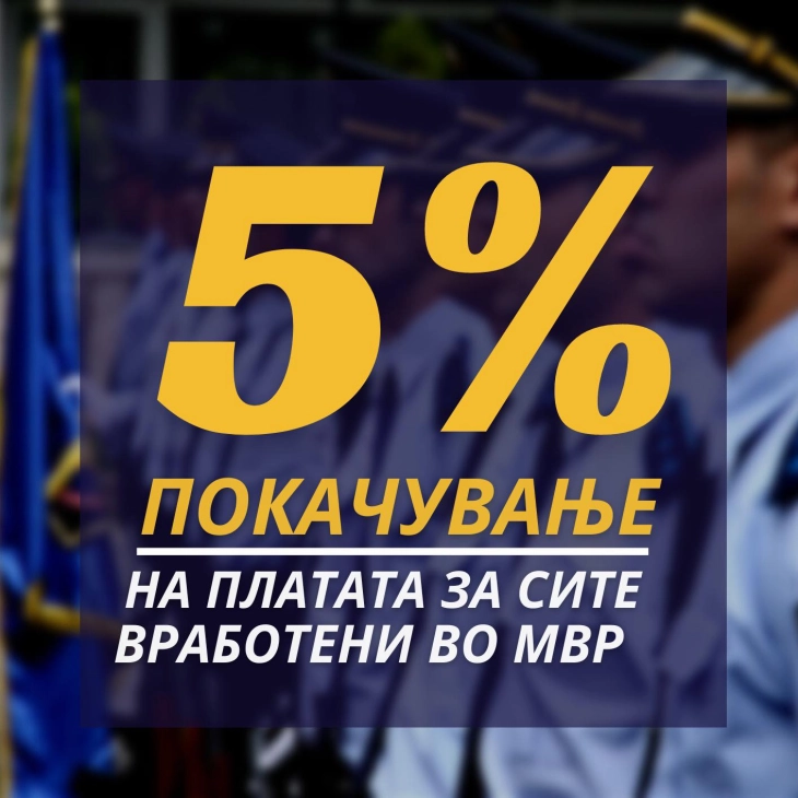 Од денеска сите вработени во МВР добиваат покачување на платата од пет проценти