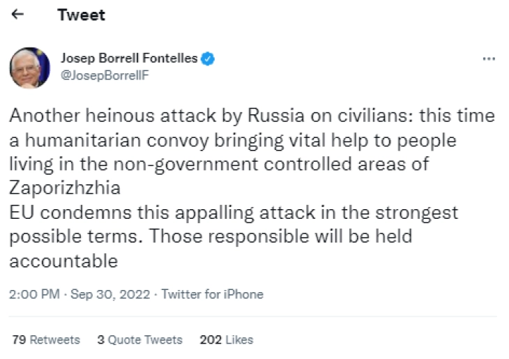 Борел: ЕУ најостро го осудува ужасниот напад близу градот Запорожје