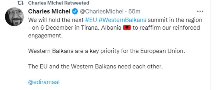 Мишел: Следниот самит на ЕУ за Западен Балкан е на 6 декември во Тирана