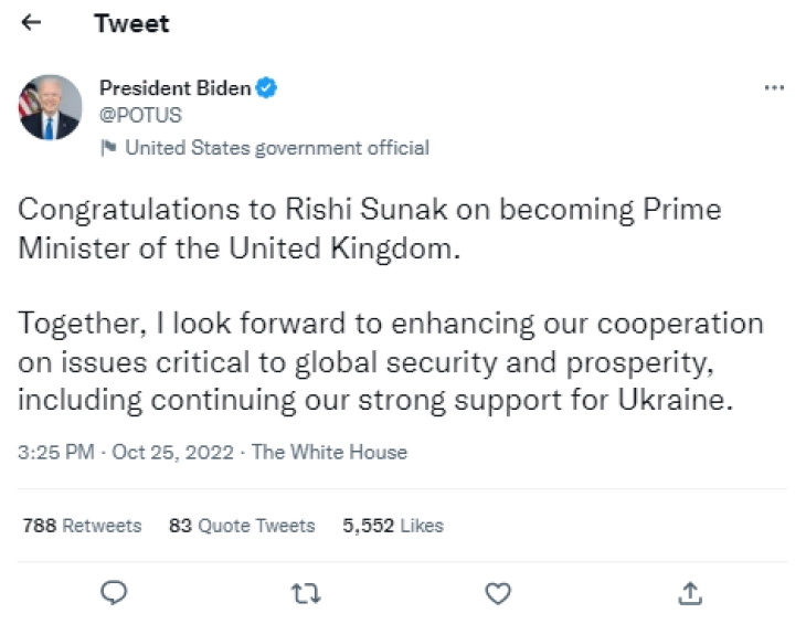 Бајден со честитки до новиот британски премиер Сунак