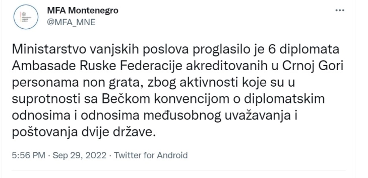 Mali i Zi dëbon gjashtë diplomatë rus