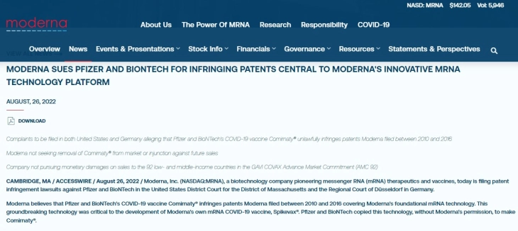 Moderna files patent suit against BioNTech, Pfizer for Covid vaccine