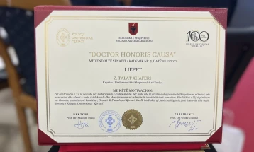 Speaker Xhaferi receives Doctor Honoris Causa title at Qiriazi University College