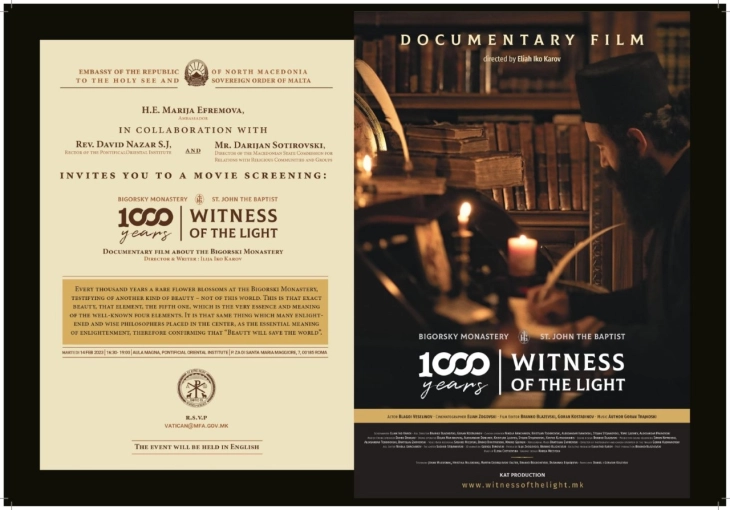 Филмот „1000 години сведок на светлината“ на Илија Ико Каров утре ќе се емитува во Рим