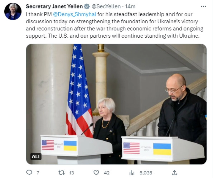 Американската министерка за финансии пристигна во ненајавена посета на Украина