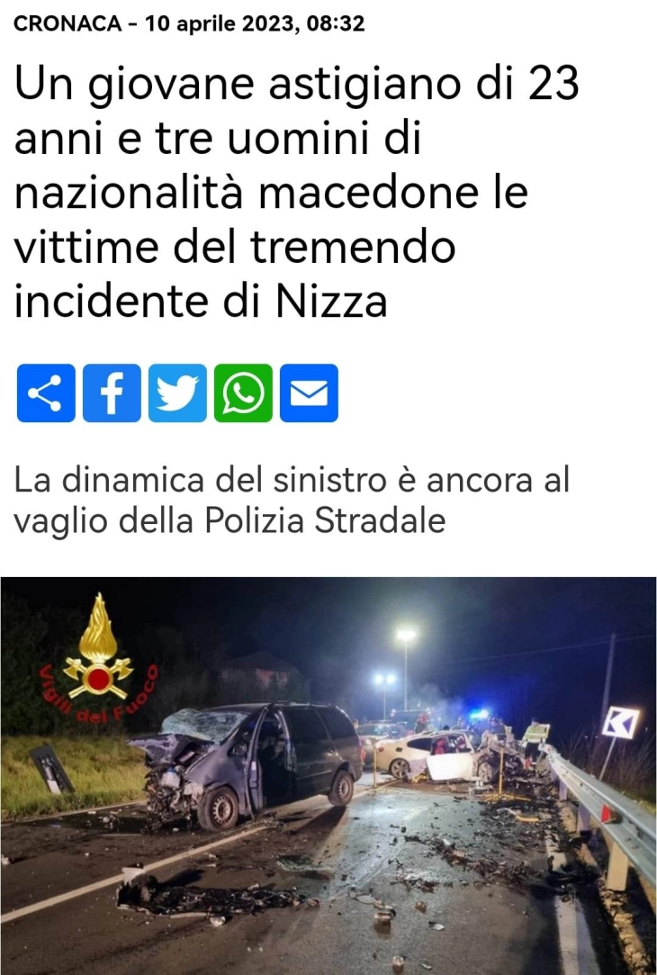 Италијански медиуми: Тројца македонски државјани загинаа во сообраќајна несреќа