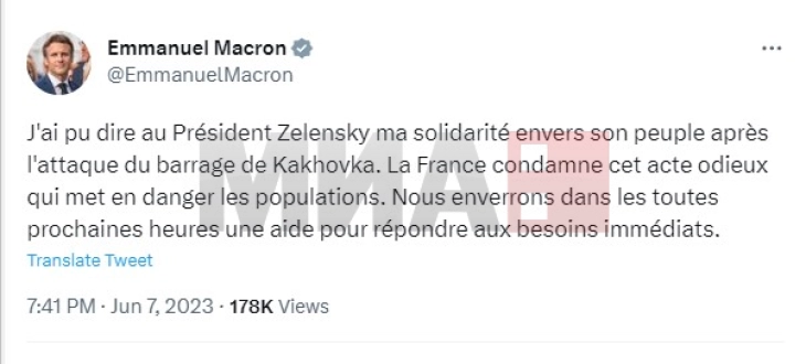 Макрон го осуди нападот врз браната во Украина вети дека Франција ќе испрати помош