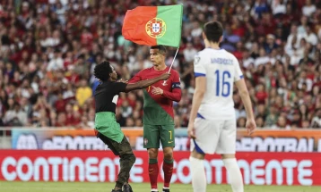 Навивач втрча на терен и клекна пред Роналдо, прекинувајќи го натпреварот помеѓу Португалија и Босна