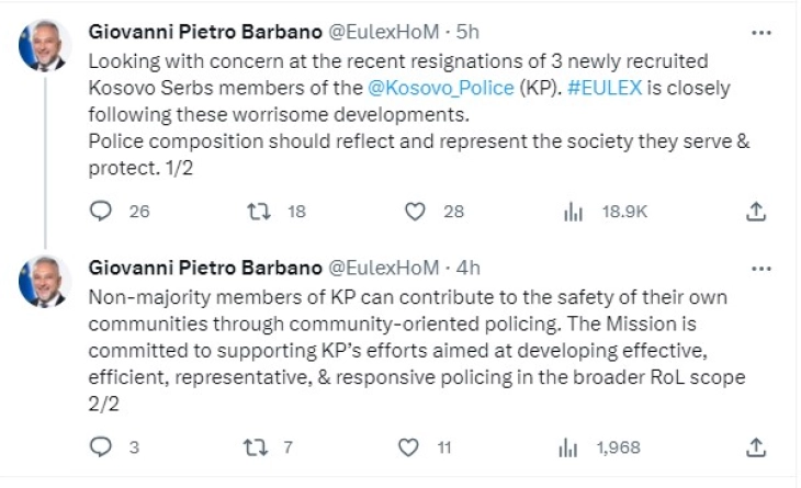 EULEKS është i shqetësuar për dorëheqjen e tre policëve nga radhët e komunitetit serb në veri të Kosovës