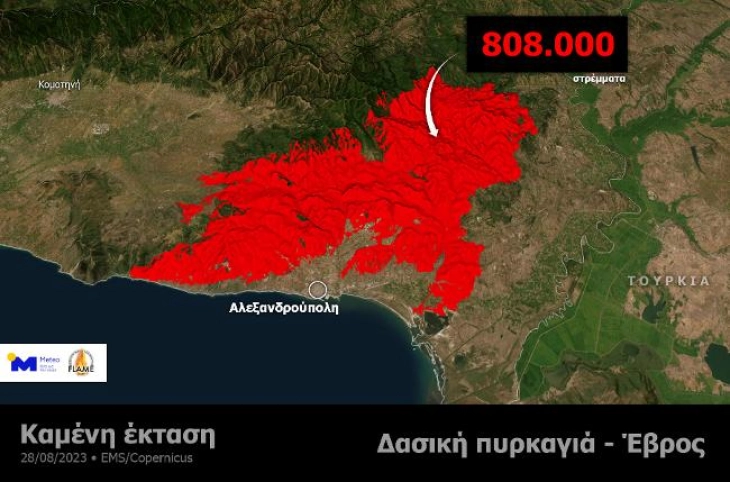Веќе 11 дена активен е пожарот кај Еврос, изгорени над 80.000 хектари 