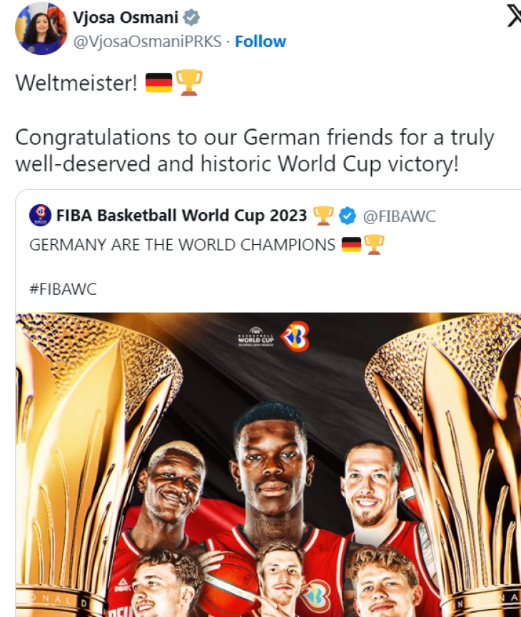 Косовската претседателка ѝ честита на Германија за победата над Србија во финалето на СП во кошарка