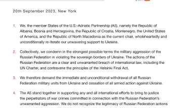 US – Adriatic Charter (A5) member countries adopt joint statement of support for Ukraine
