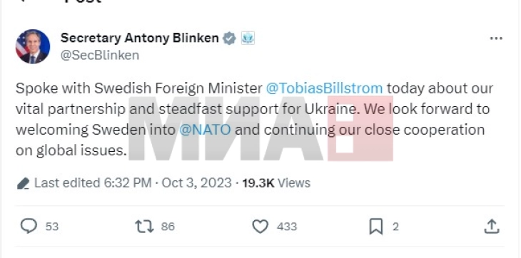 Blinken bisedoi me shefin e diplomacisë suedeze