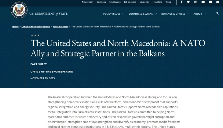 САД: Северна Македонија е клучен НАТО сојузник и стратешки партнер на Балканот 