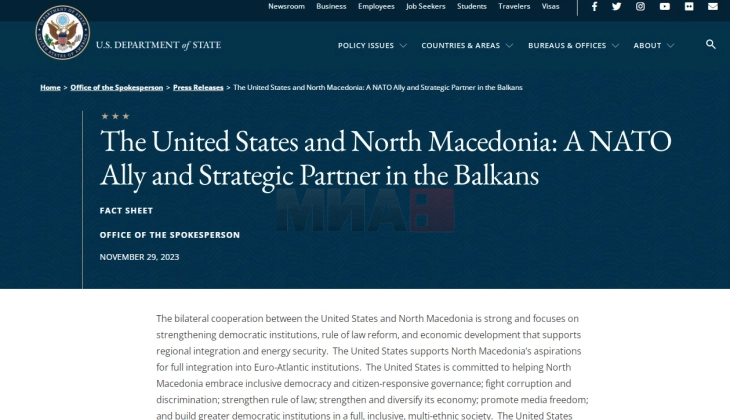 SHBA: Maqedonia e Veriut është një aleat kyç i NATO-s dhe partner strategjik në Ballkan