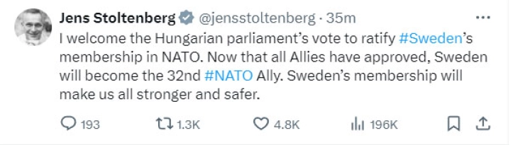 Stoltenberg e përshëndeti miratimin hungarez për anëtarësimin e Suedisë në NATO