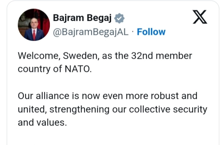 Официјална Тирана го поздрави членството на Шведска во НАТО