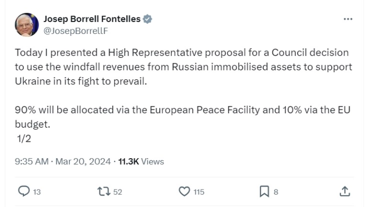 Borrell: Kam dorëzuar propozim deri te Këshilli i BE-së për shfrytëzimin e të ardhurave nga mjetet e bllokuara ruse