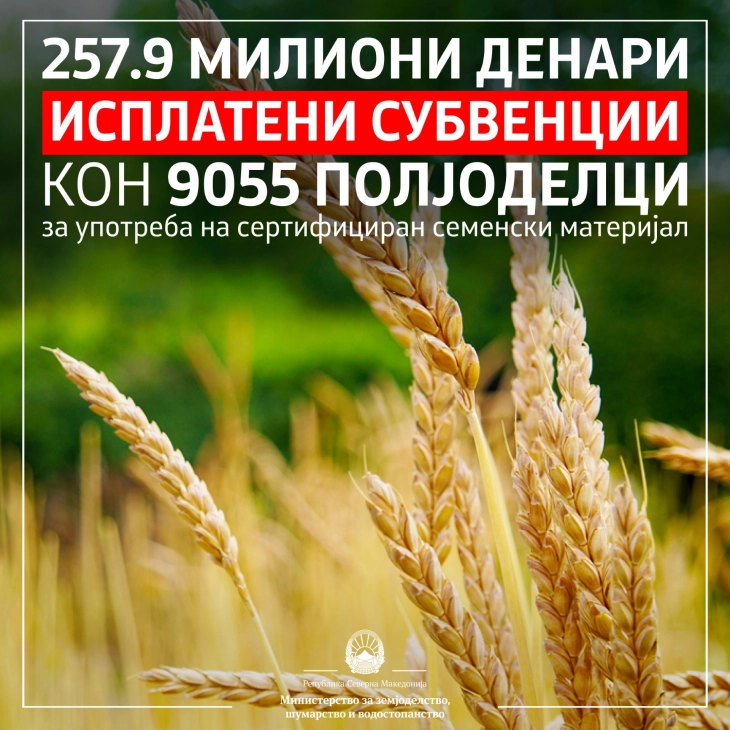 МЗШВ: Кон 9055 полјоделци исплатени 257,9 милиони денари дополнителна субвенција за употреба на сертифициран семенски материјал