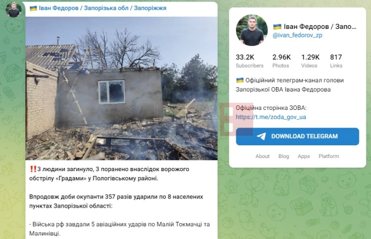 Tre persona humbën jetën në sulmet ruse në Zaporozhje