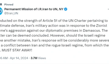 Иранската мисија во ОН соопшти дека нападот врз Израел како одговор на нападот на конзулатот во Дамаск е завршен