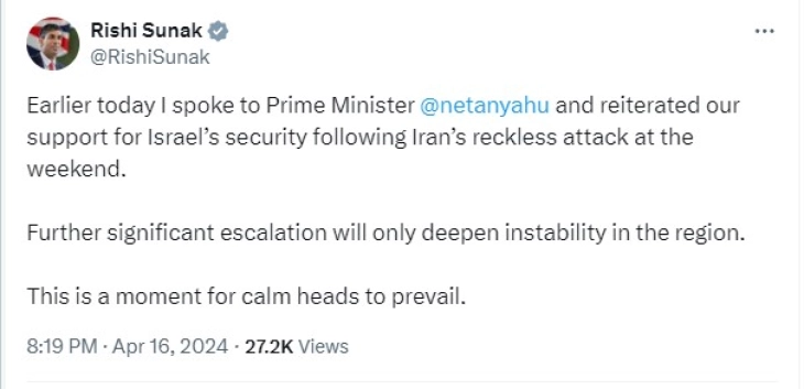 Сунак му рекол на Нетанјаху дека регионална ескалација не е „во ничиј интерес“