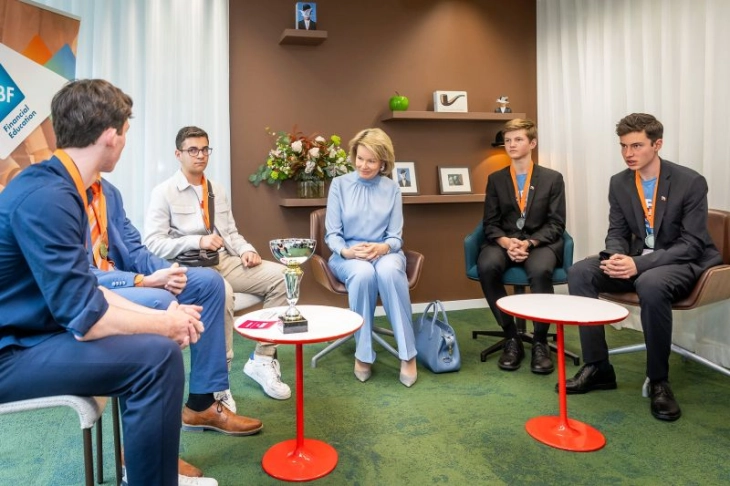 Queen Mathilde of Belgium meets Macedonian bronze winning team at European Money Quiz