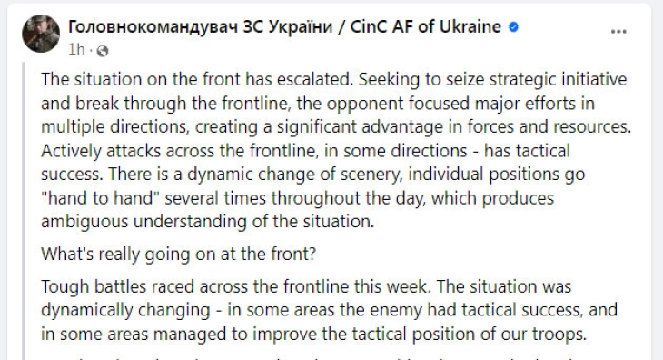 Командантот на украинската армија вели дека ситуацијата на фронтот се „влошува“