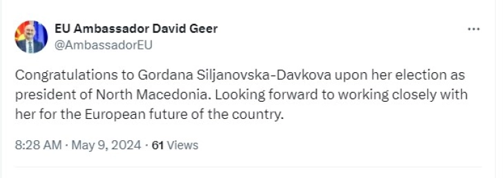 Евроамбасадорот Гир ја честита победата на Сиљановска-Давкова