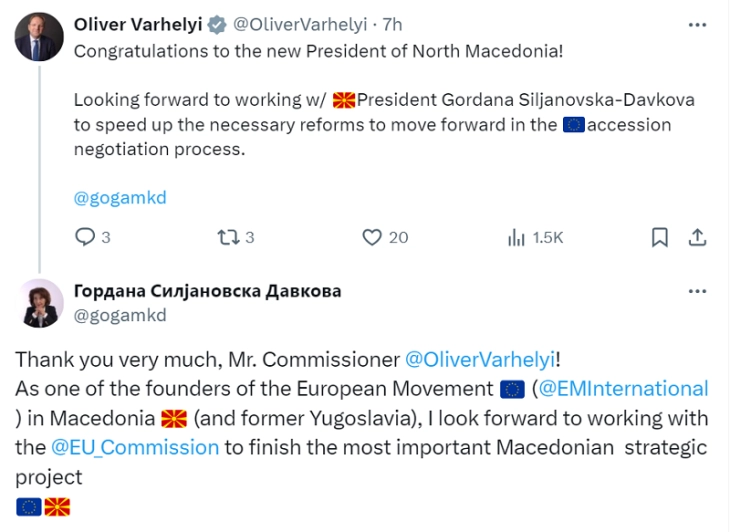Várhelyi congratulates Siljanovska Davkova on election victory