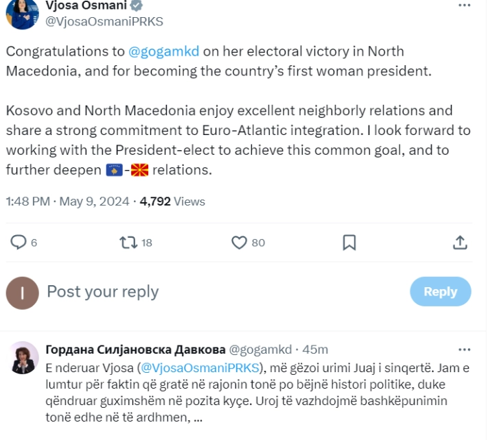 Osmani e uron Siljanovska-Davkovën për fitoren në zgjedhjet presidenciale
