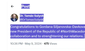 Presidenti hungarez Sulok uron zgjedhjen e Siljanovska Davkovës për presidente