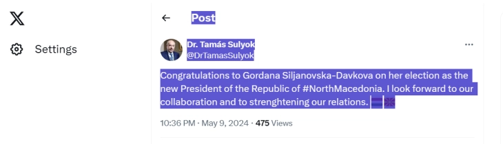 Hungarian President Sulyok congratulates Siljanovska Davkova on election victory