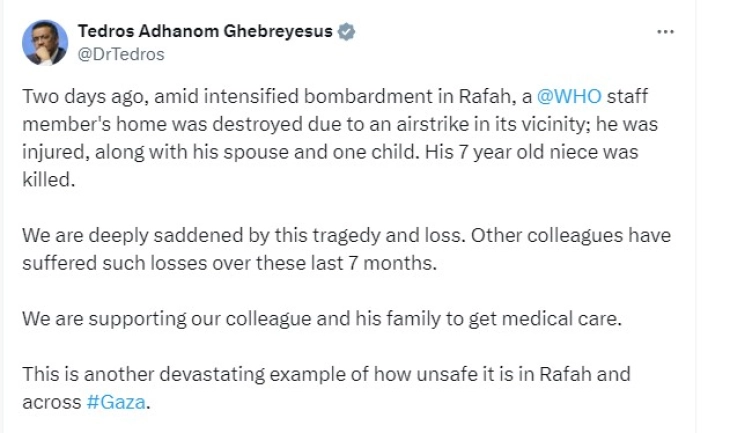 Në sulmin ajror në Rafah është plagosur një pjesëtar i personelit të OBSH-së, ndërsa mbesa e tij është vrarë