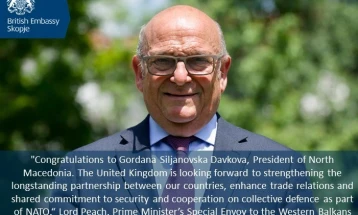 Честитка до Силјановска Давкова од Лорд Пич, специјалниот претставник на британскиот премиер за Западен Балкан