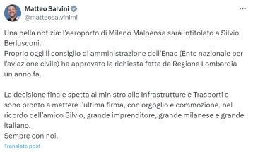 Салвини: Аеродромот во Милано ќе го носи името на Берлускони