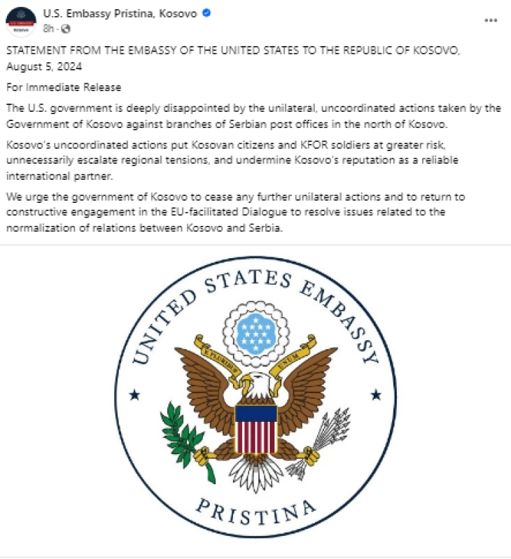 Амбасадата на САД со порака до Приштина: Длабоко сме разочарани, престанете со сите еднострани акции