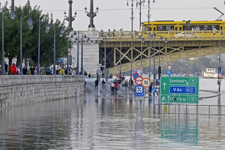 Дунав се излеа од коритото и почна да ги поплавува насипите во центарот на Будимпешта