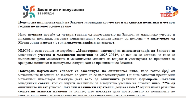 НМСМ: Нецелосна имплементација на Законот за младинско учество и младински политики и четири години по неговото донесување