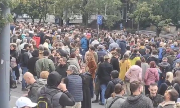 Activists protest in front of government building in Belgrade, demanding minister Vesić’s resignation